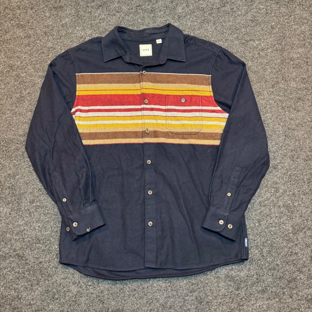 ROWM Mens Navy Blue Multi Color Stripe Long Sleeve Button Down Shirt Large